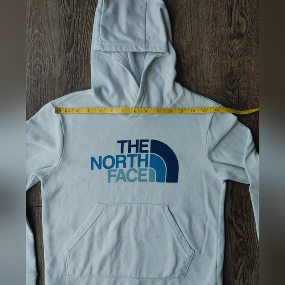 The North Face Girls Pullover Hoodie Ice Blue Big Spell Out Logo Size S 7/8 - Picture 7 of 15